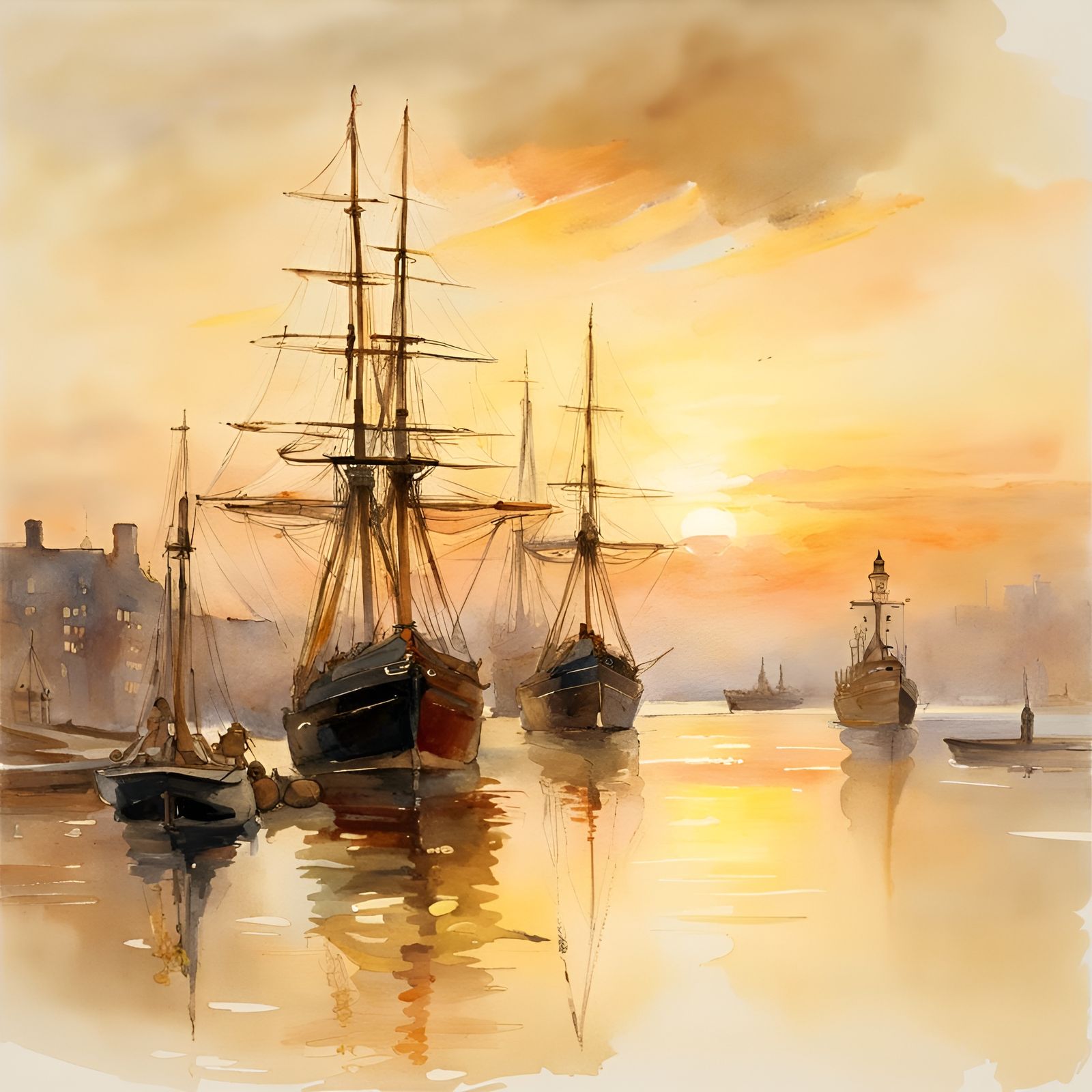 New England Harbor Sunset in Watercolor Style