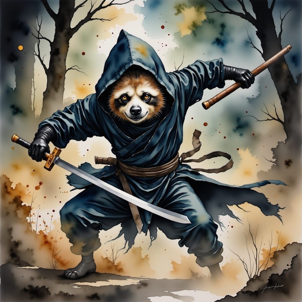 Ninja Sloth in Watercolor Ink Style