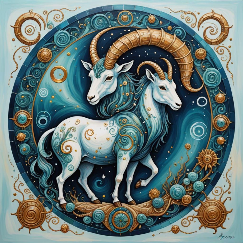 Capricorn Sea Goat in Oil Paint Zen Tangle