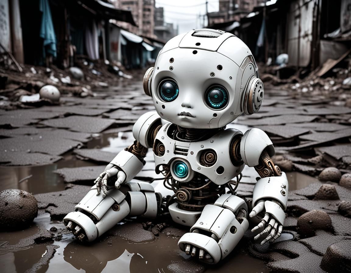 Dystopian Robot Baby Doll in Cyberpunk Setting