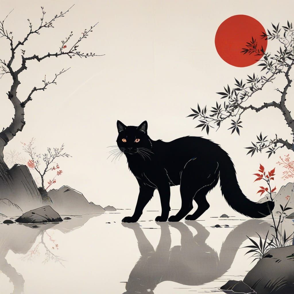 Serene Japanese Landscape with Red Sun and Hanko Seal