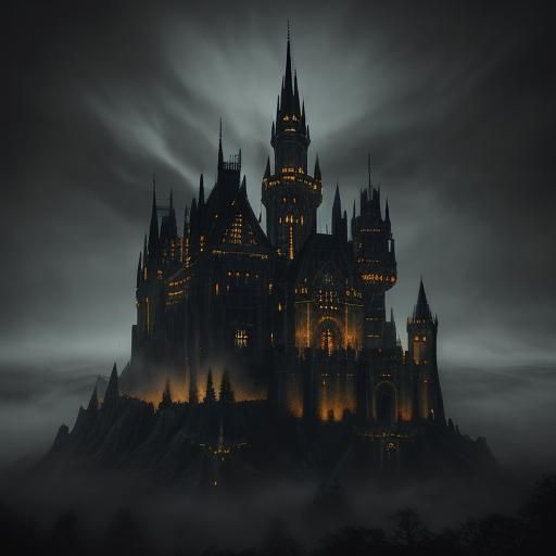 Gothic Castle with Golden Parapets in Dark Landscape