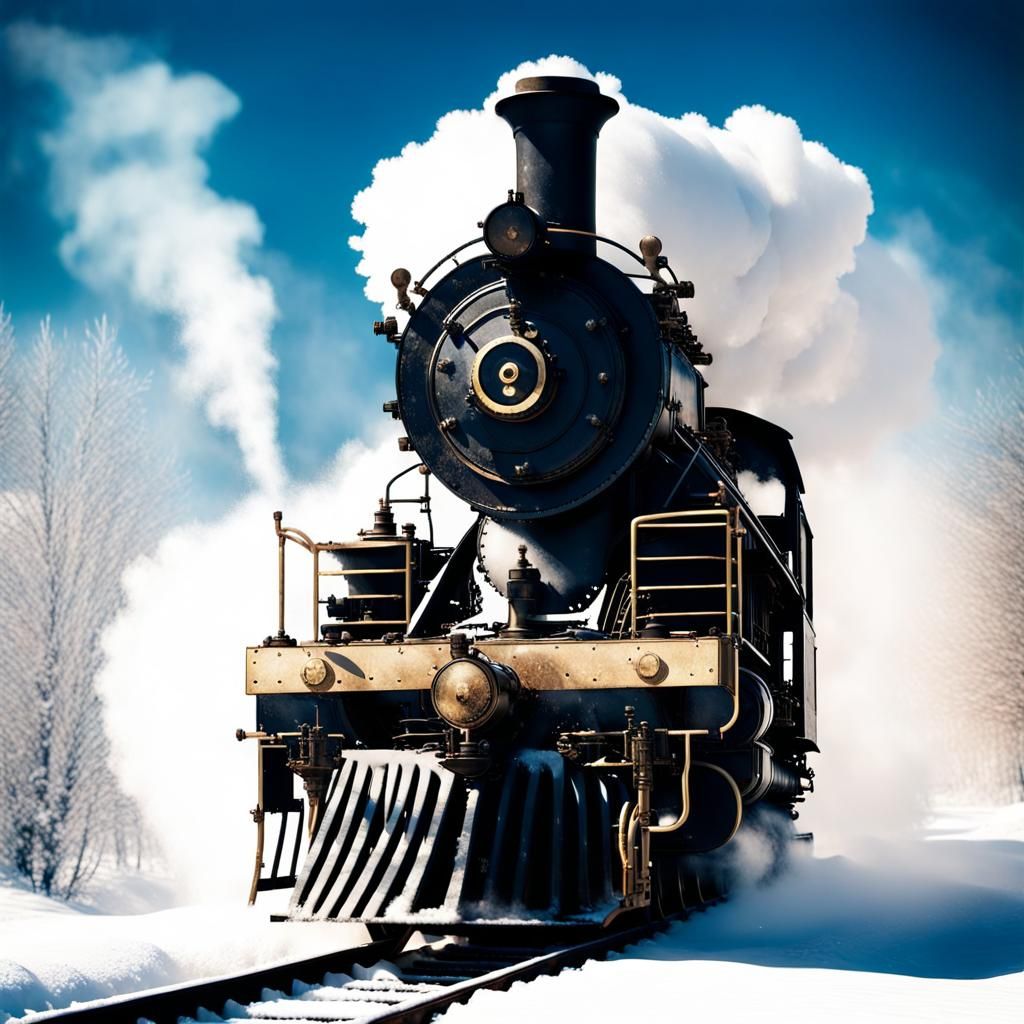 Steampunk Steam Train Double Exposure in Snow