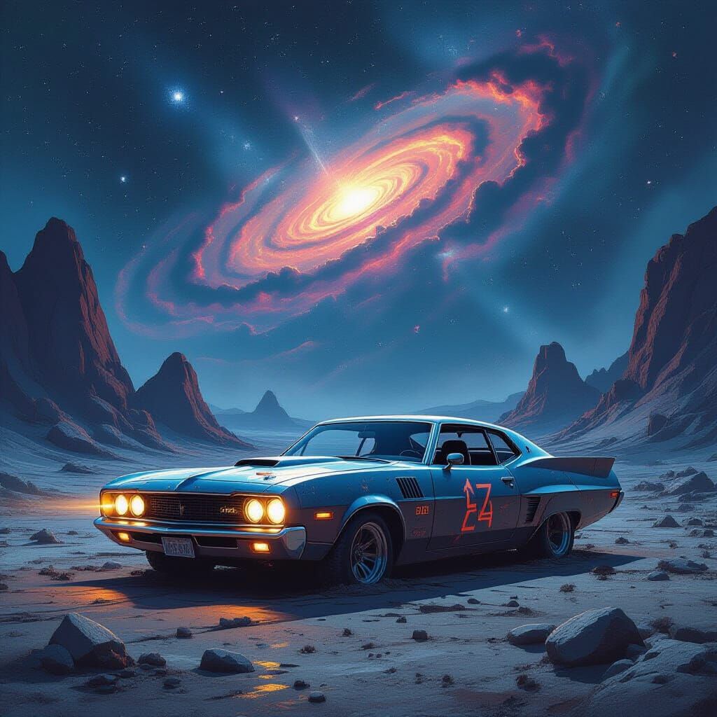 Retro-Futuristic Car on Alien Planet in Nebula