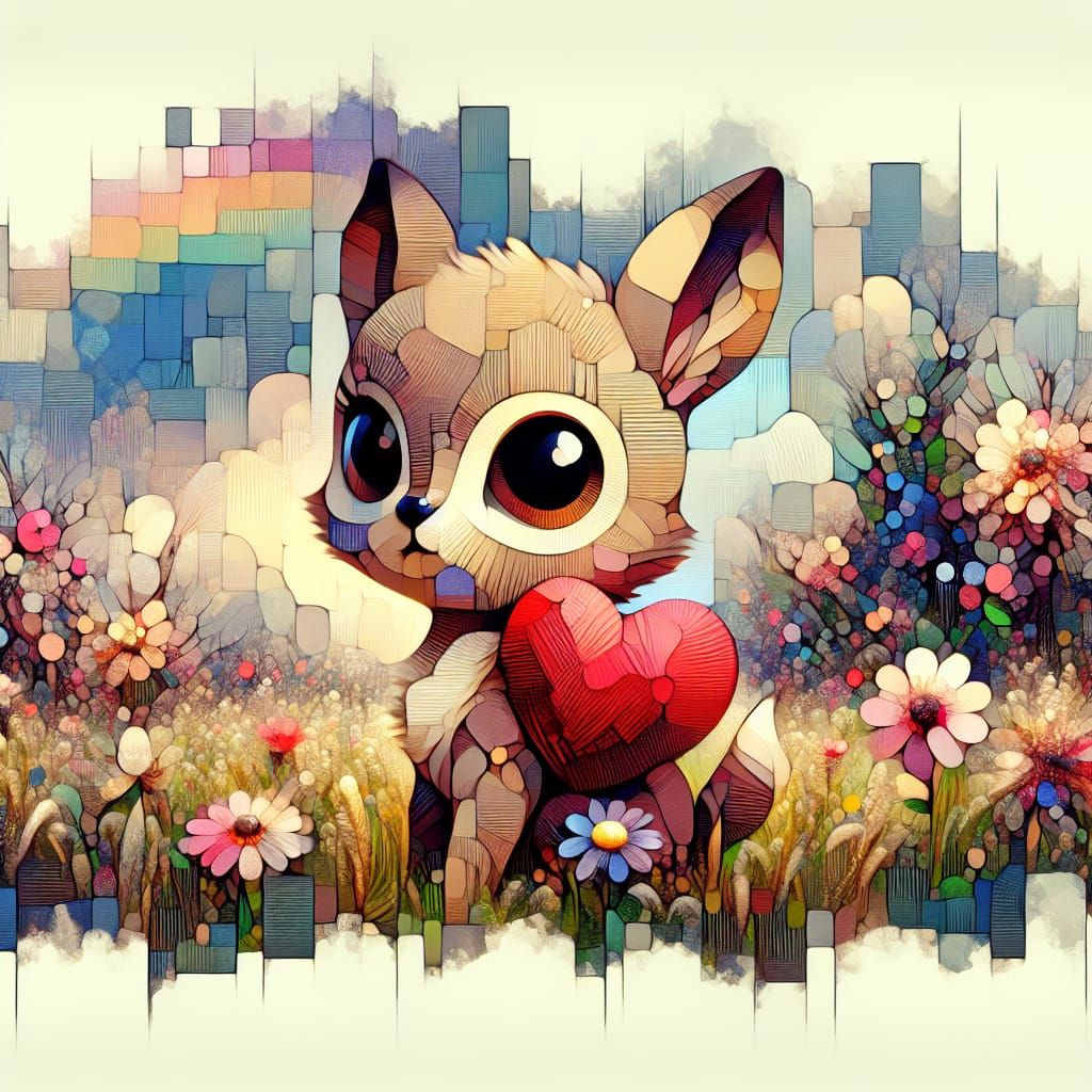Cute Cartoon Animal with Heart in Watercolour Style