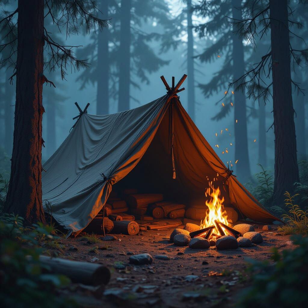 Forest Tarp Shelter With Campfire