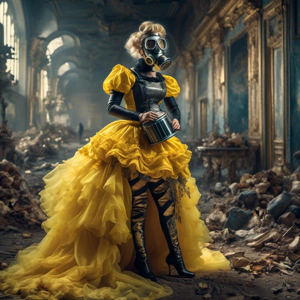 Curvy Woman in Yellow Dress with Gas Mask