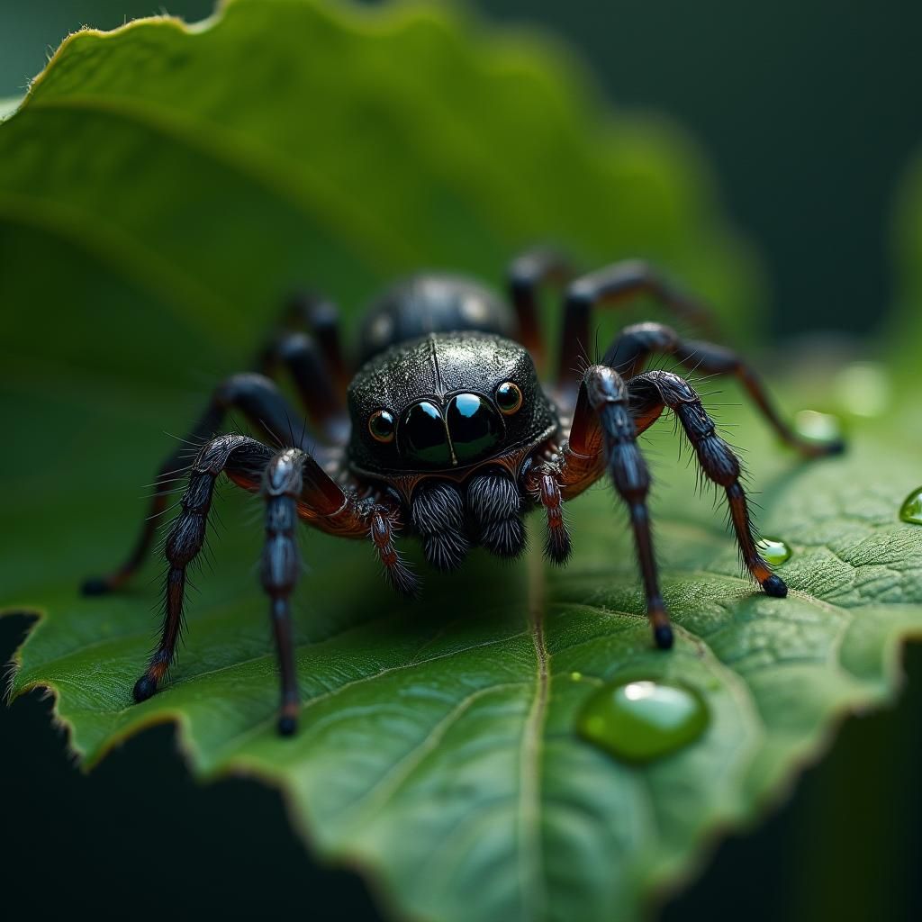 Spider Eye Close-Up on Dewy Leaf