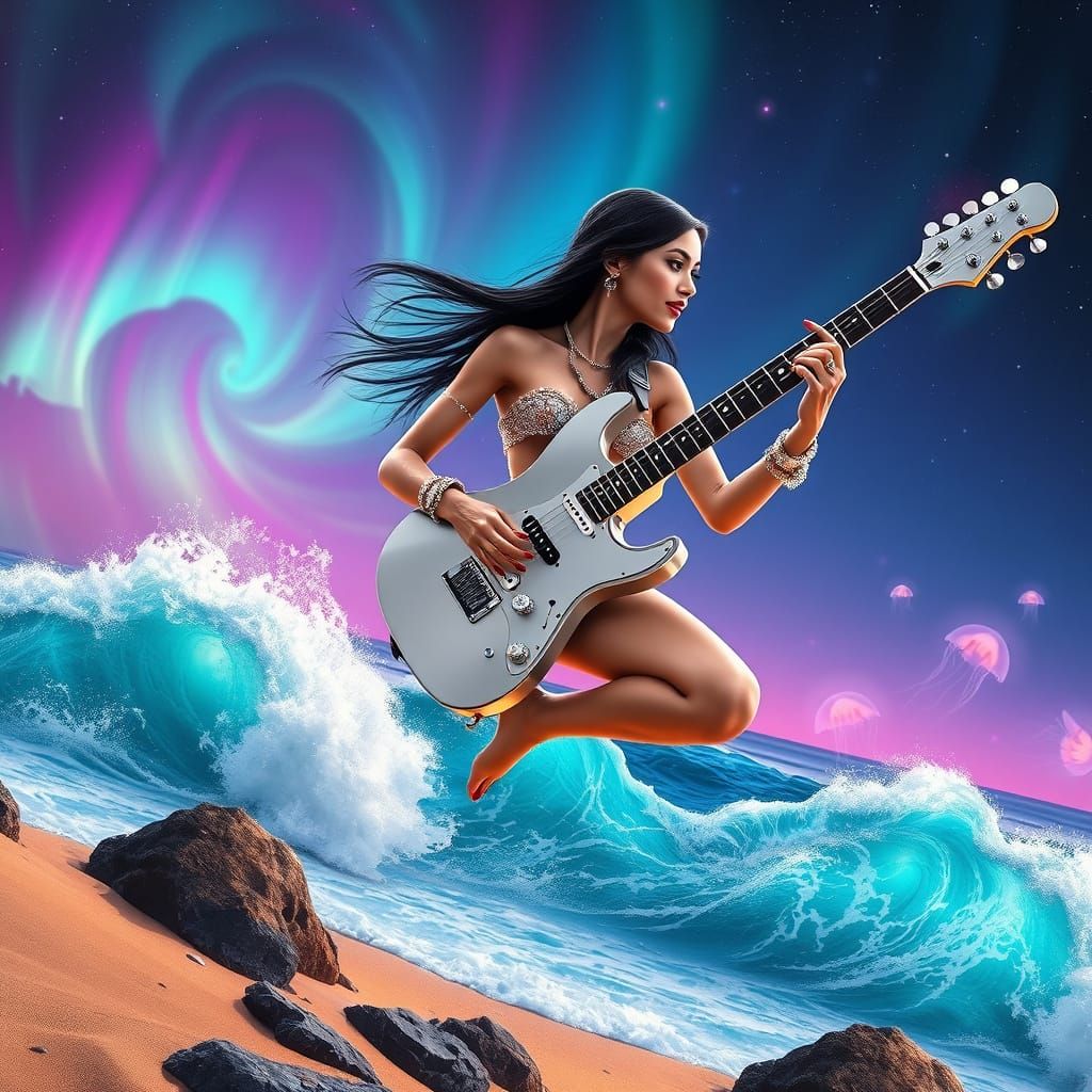 Guitarist Leaping Over Ocean in Sci-Fi Costume