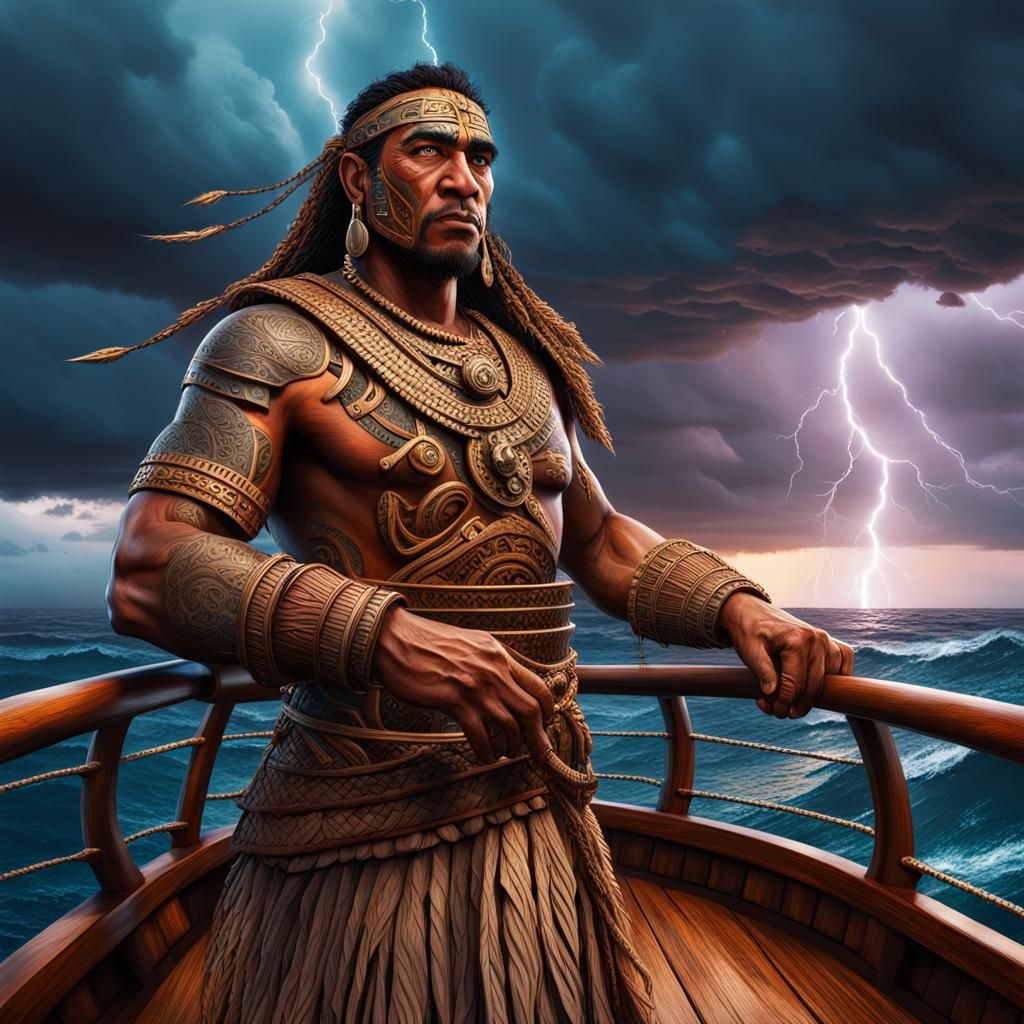 Polynesian Navigator with Clockwork Device at Dusk