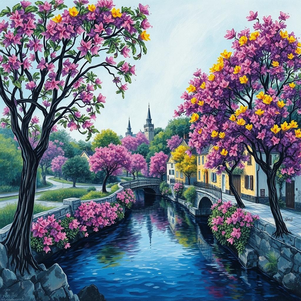Charming Riverside Town in Expressionist Oil Painting