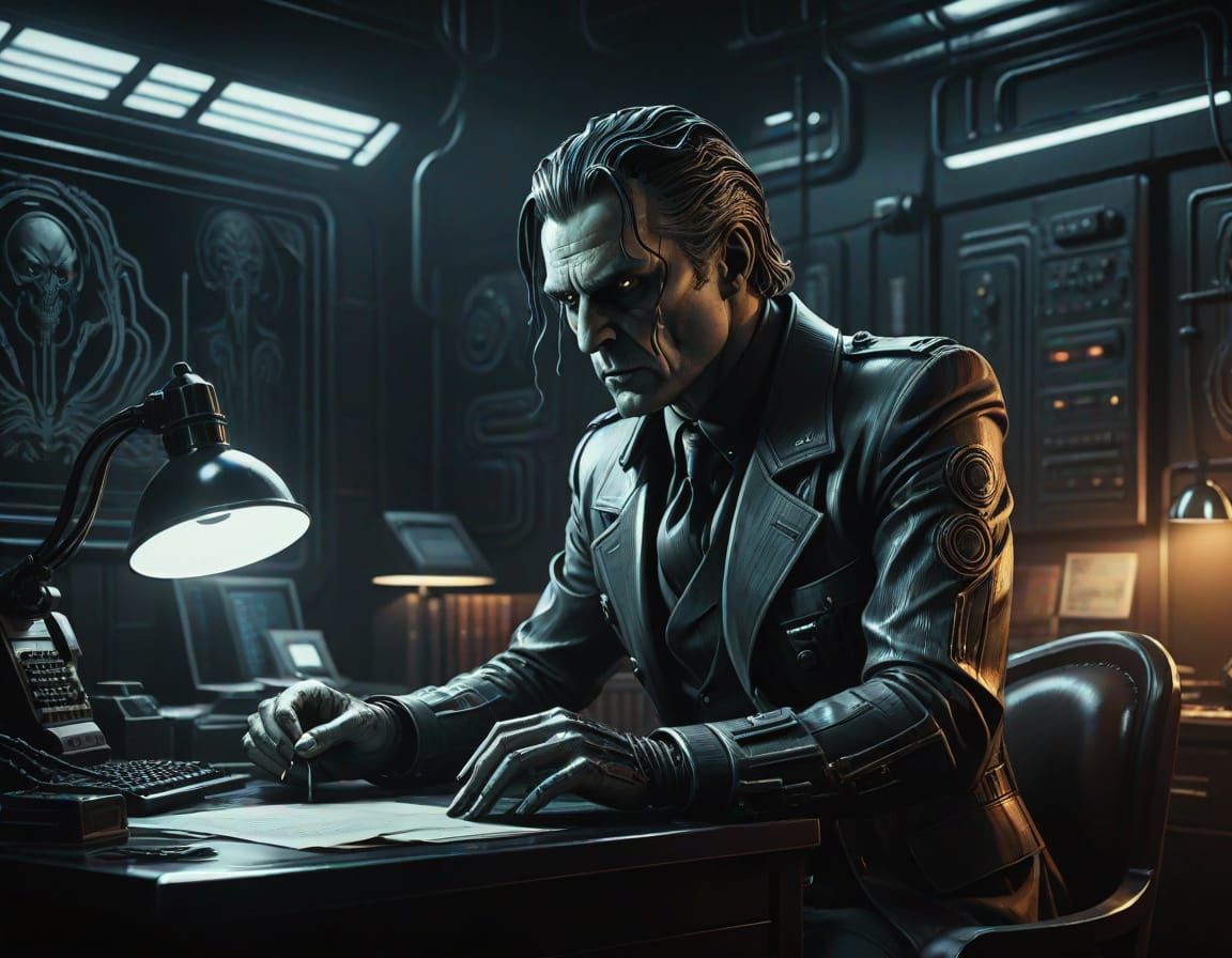 Giger-Inspired Cyberpunk Detective in a 1930s Office