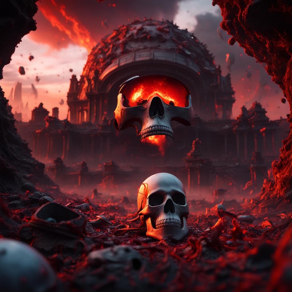 Fiery Skull in Space Helmet, Detailed Matte Painting