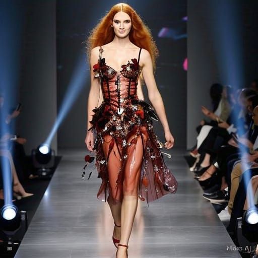 Glamorous Redhead Struts Down Catwalk in Latex Dress