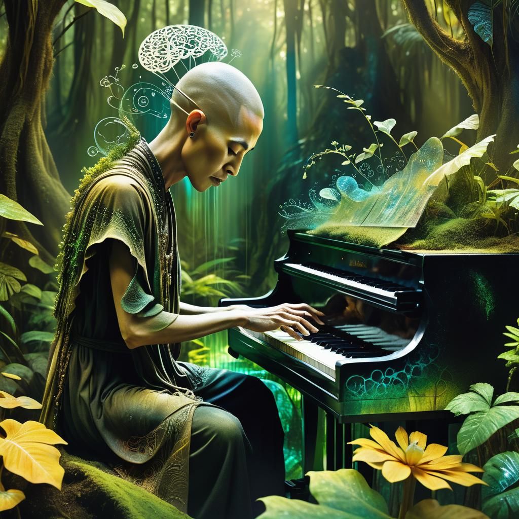 Surreal Druid Monk Plays Piano in Jungle