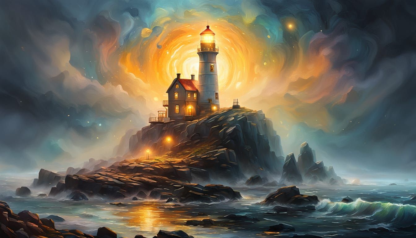 Cosmic Lighthouse on Rocky Coast in Oil Painting Style