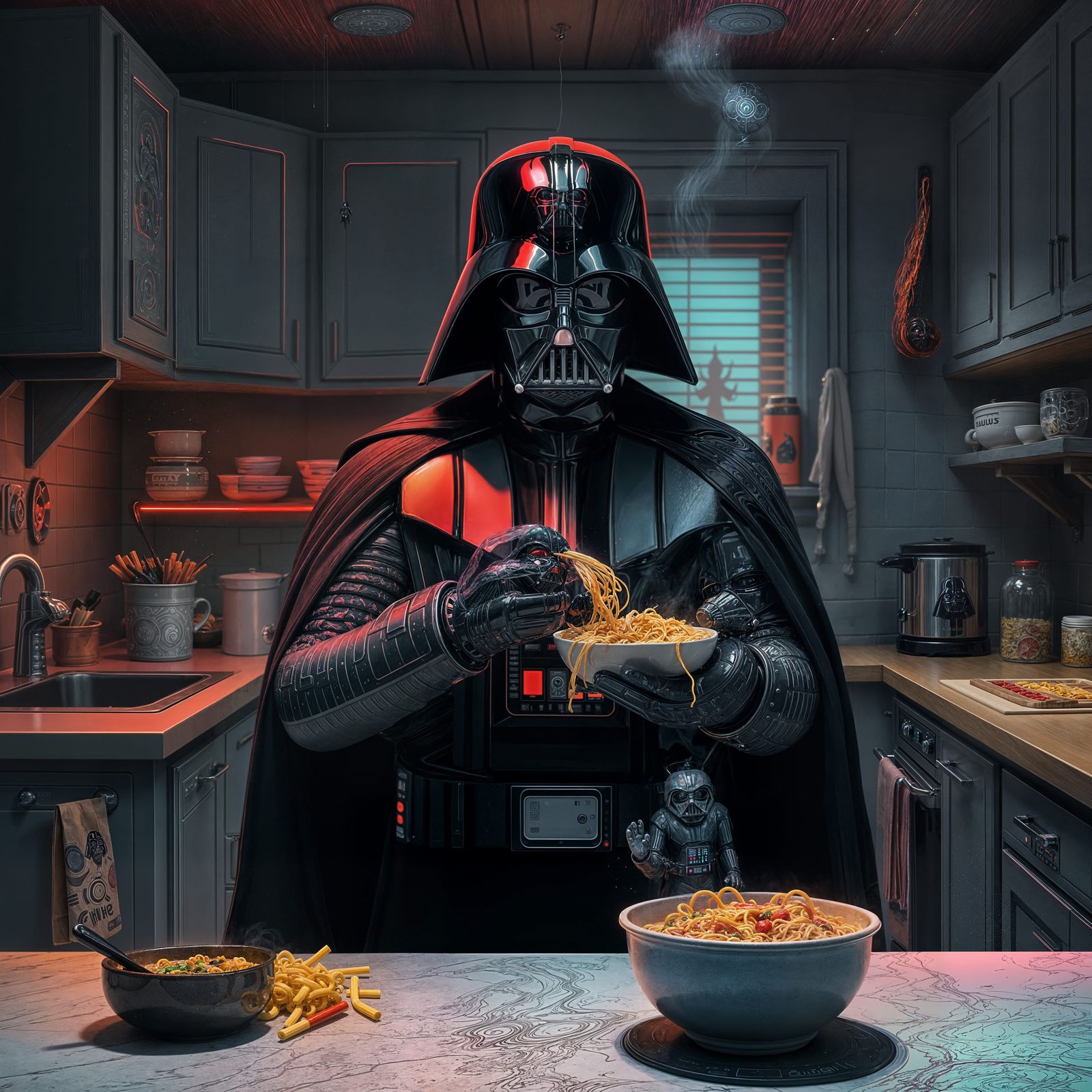 Darth Vader Cooks Noodles: A Surreal Kitchen Scene