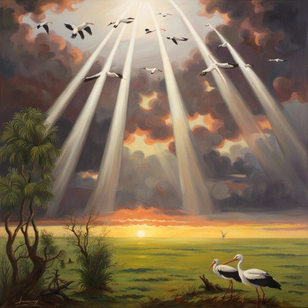 Sunset Over Sea with Storks, Oil Painting