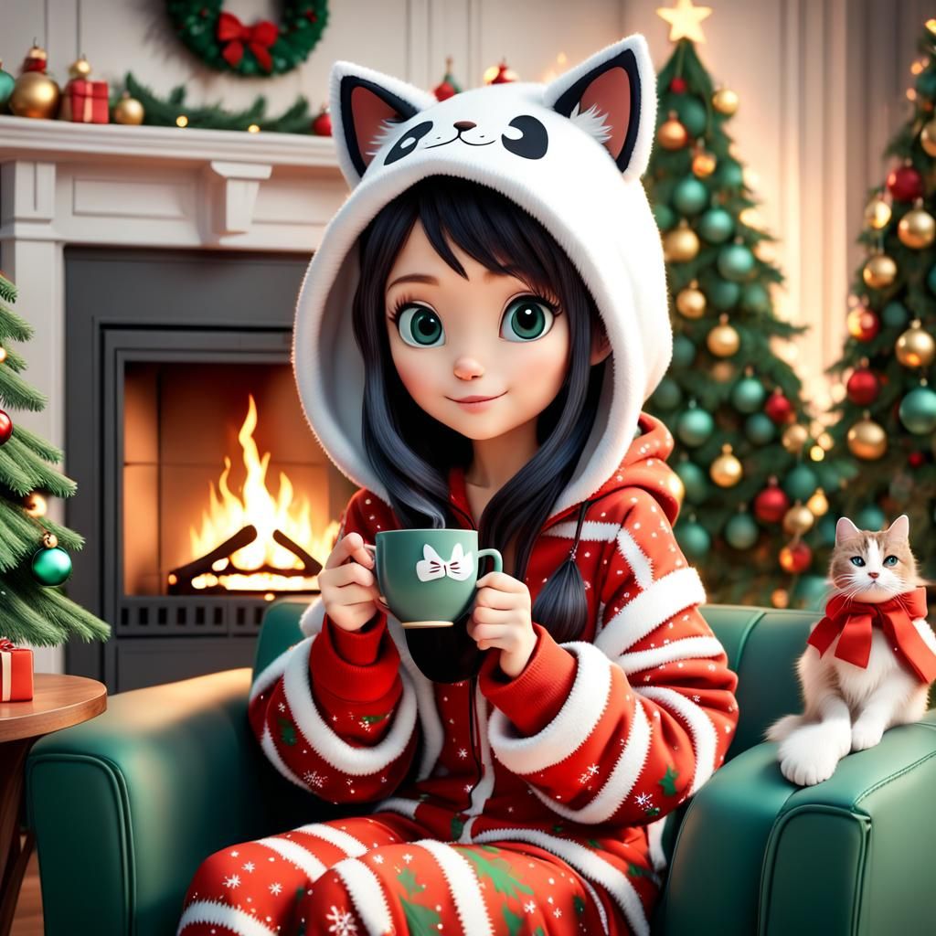 Disney Pixar style 3D adorable girl, wearing stylish one piece pajamas, with a hood and cat ears, sitting on the couch d...