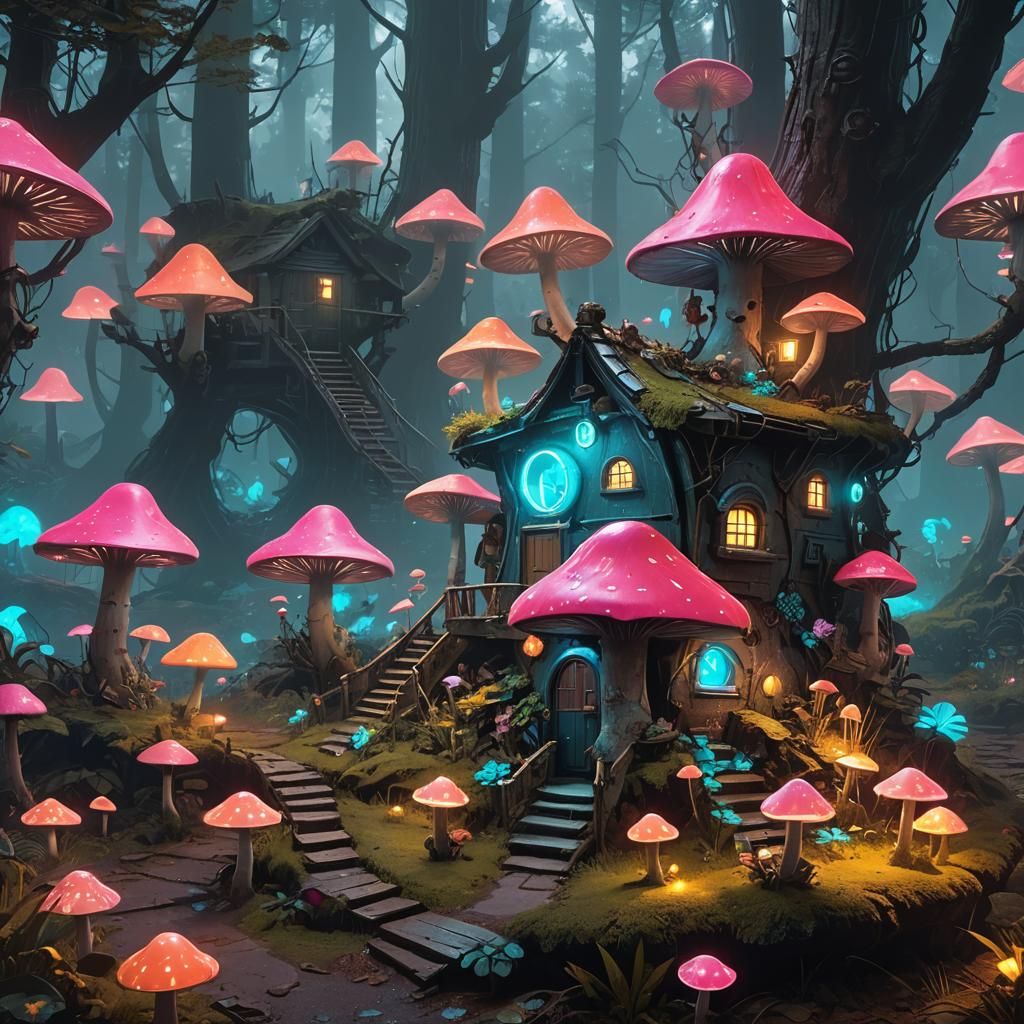 Gnome Mushroom House in Cyberpunk Bioluminescent Forest