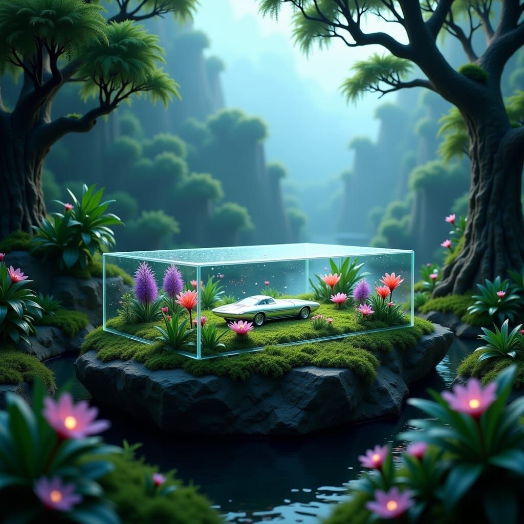 Miniature Ecosystem in Glass Box With Neon Glow