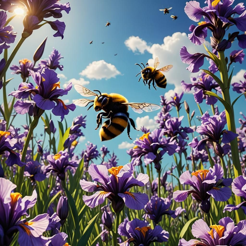 Cartoon Bumble Bee Buzzing Above Purple Iris