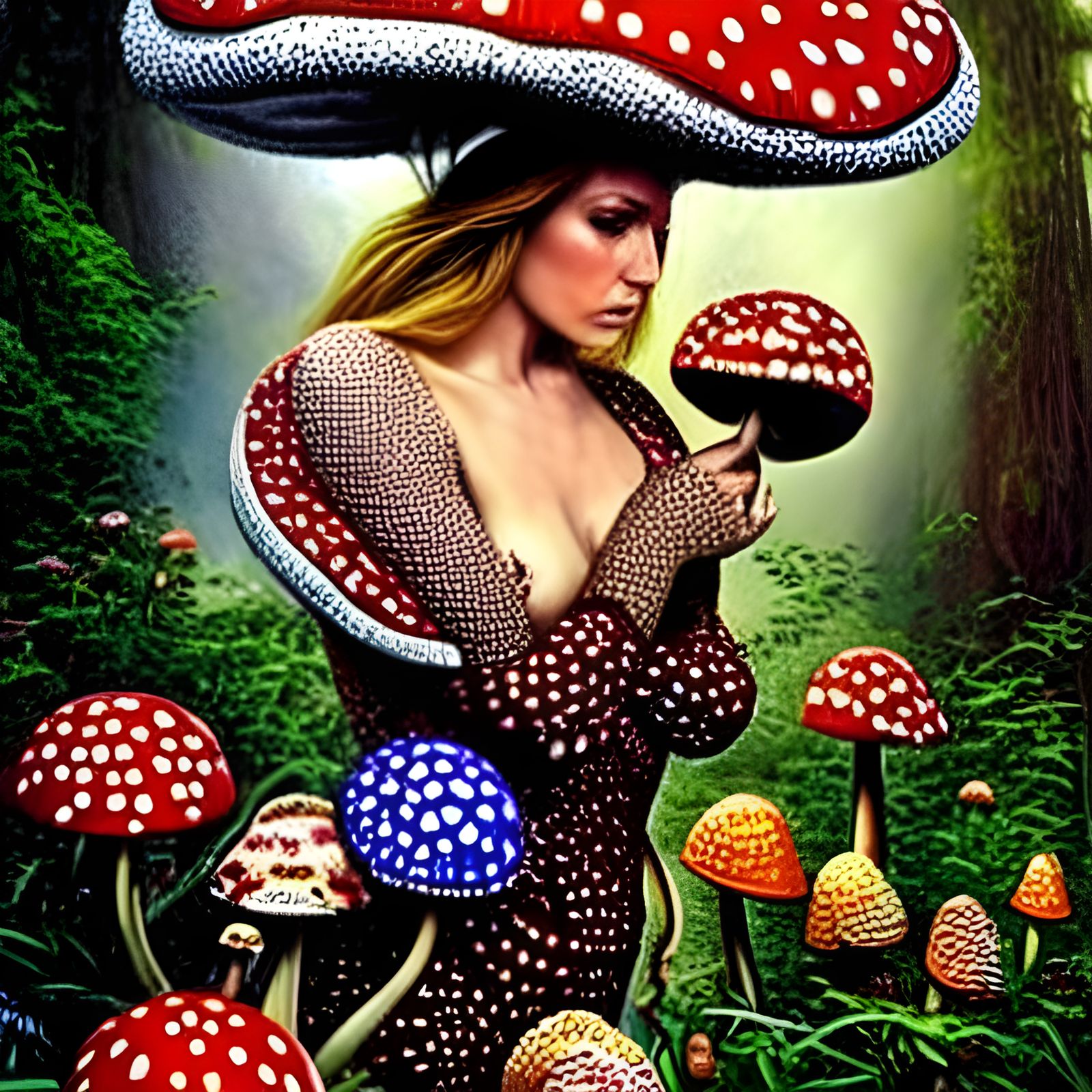 Amanita Mushroom Goddess in Hyperrealistic Oil Painting