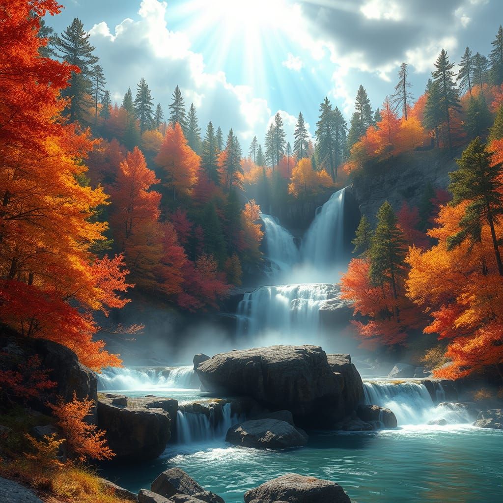Majestic Waterfall in Ethereal Autumn Forest