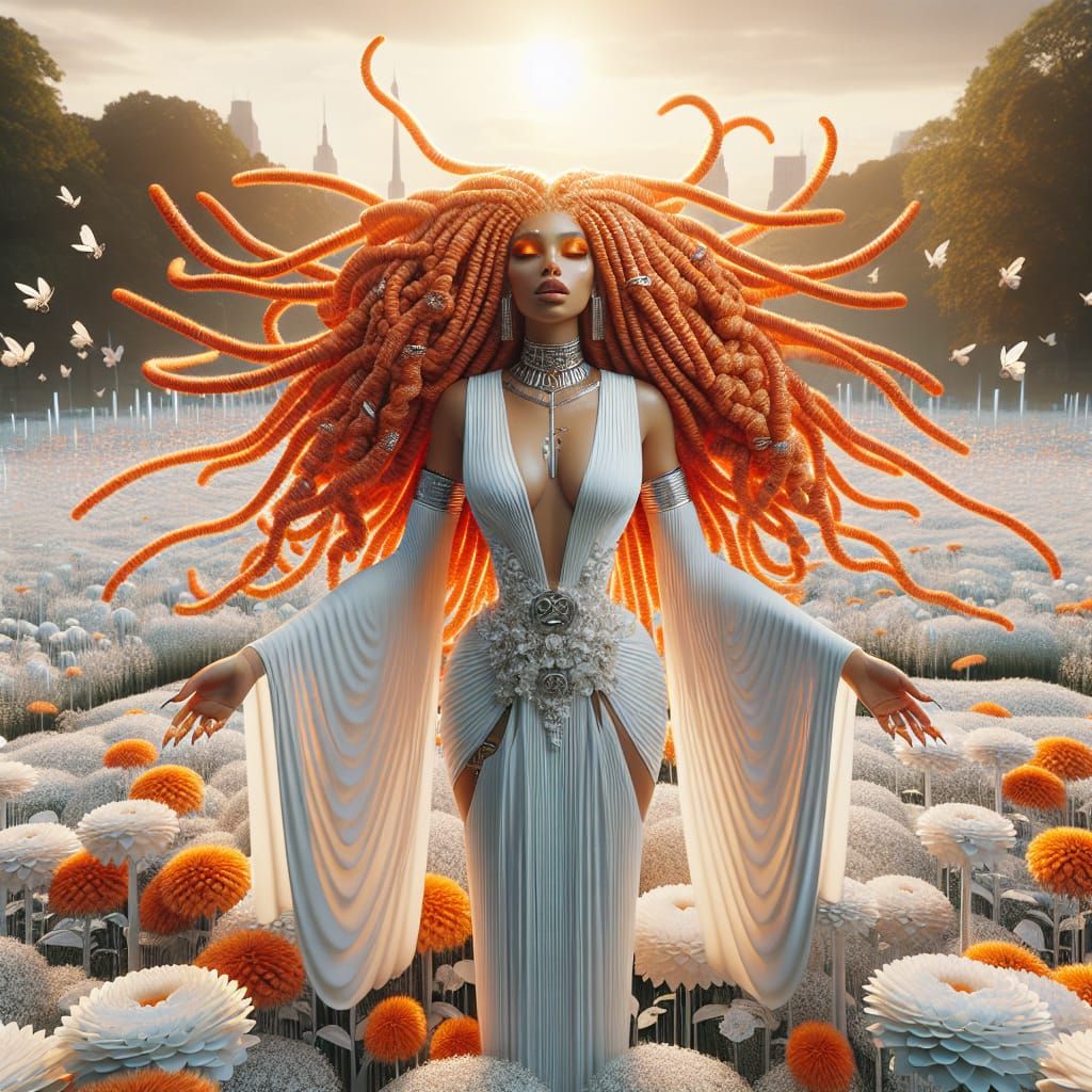 Hispanic Goddess Floating Over Urban Park at Sunrise