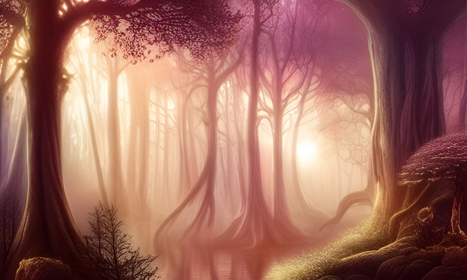 Magical Cosmic Forest at Sunset: Hyper-Detailed Art