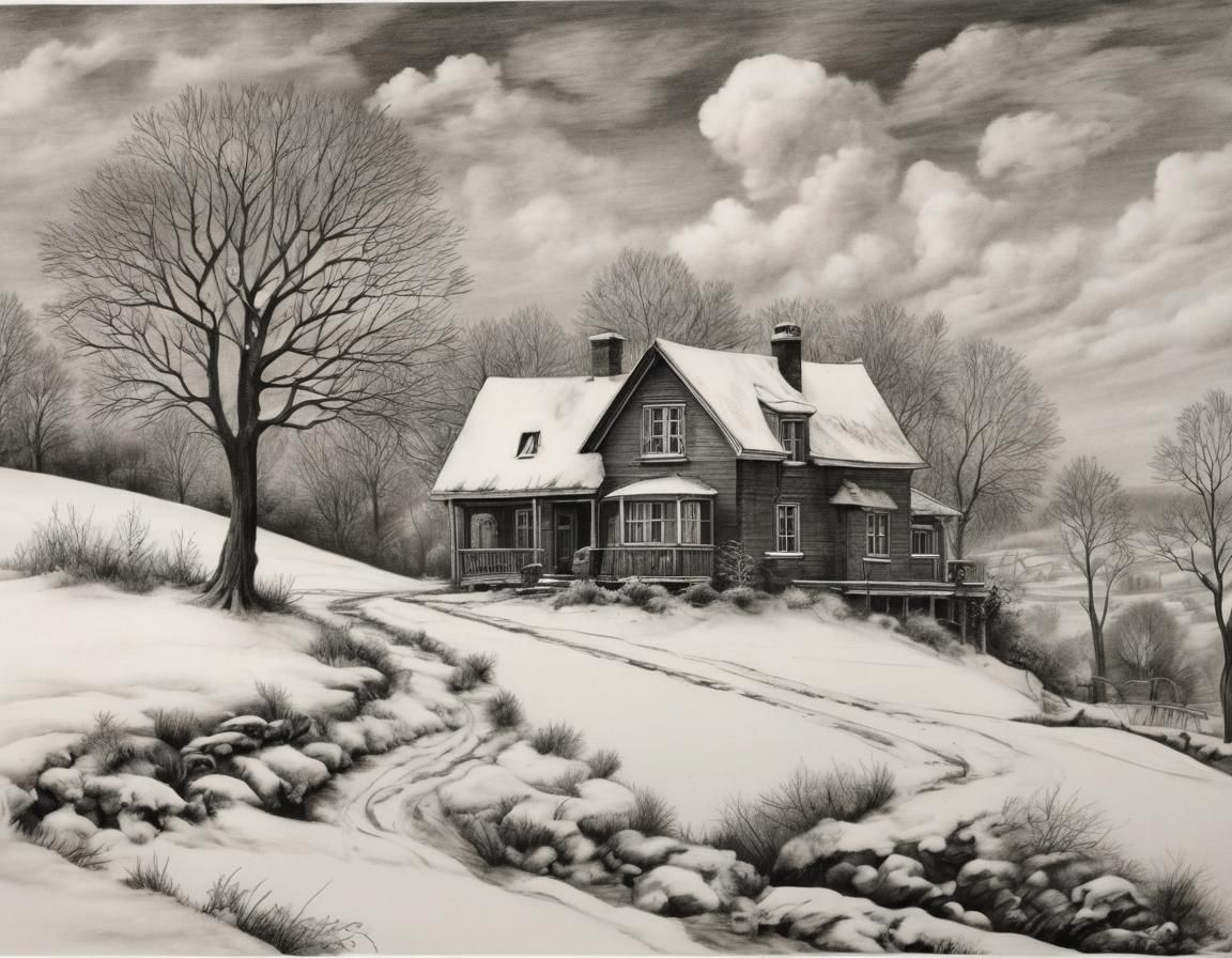 House in Winter Landscape: Black Pencil Sketch