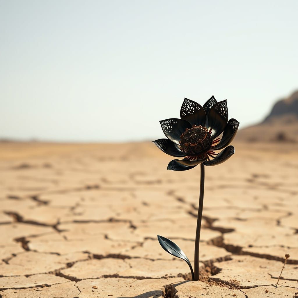Cyberpunk Mechanical Black Dahlia in Barren Wasteland