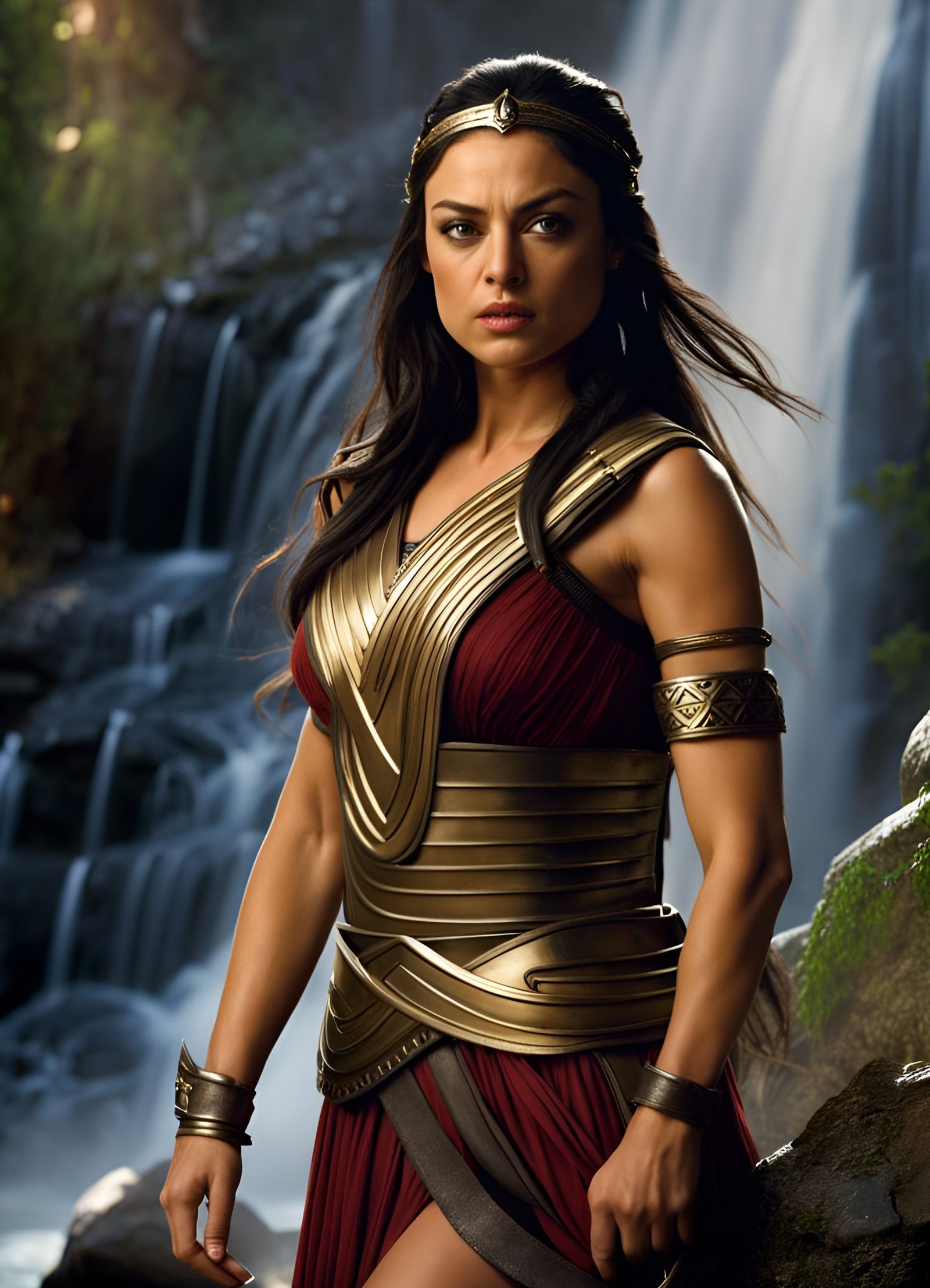Female Greek Warrior in Jungle Waterfall Setting