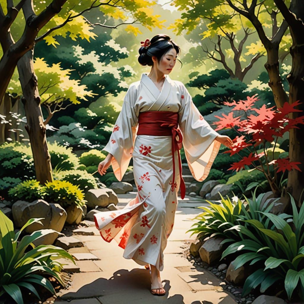 Woman in Traditional Japanese Attire in Serene Garden