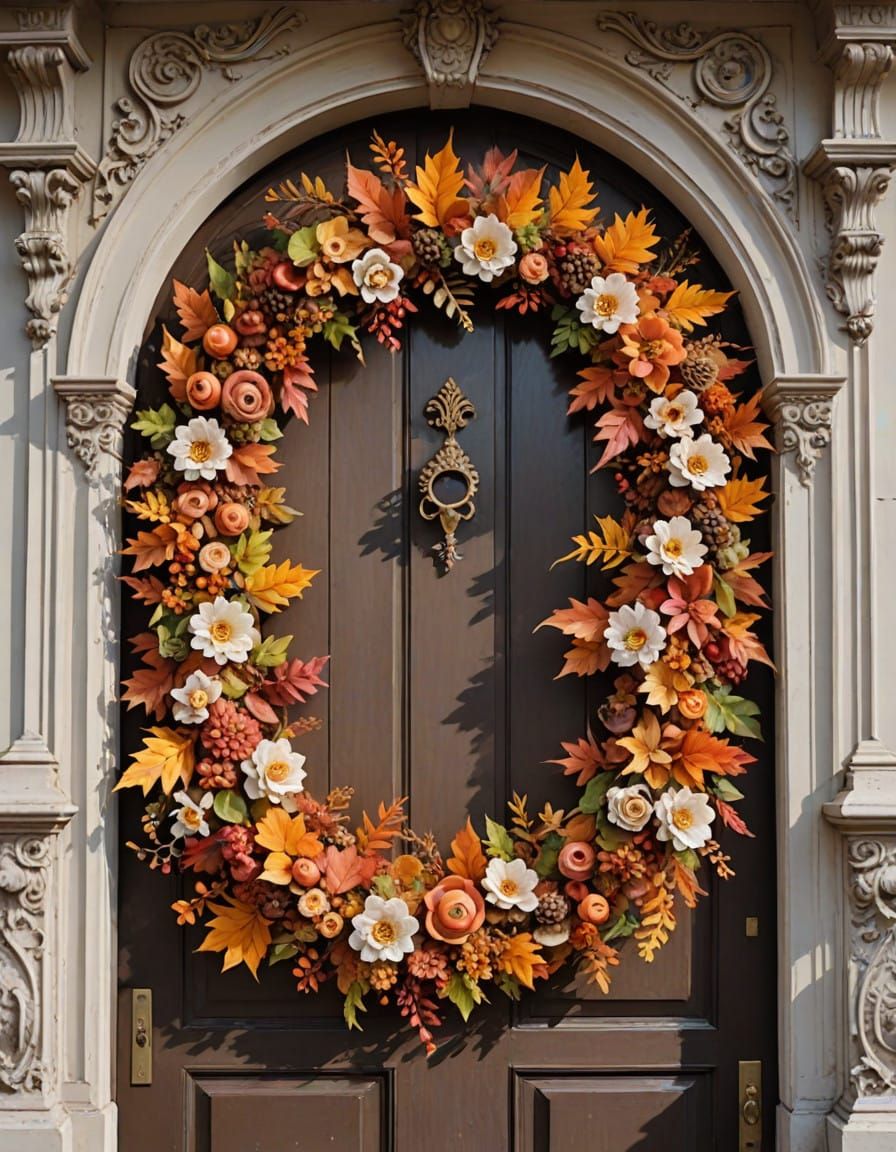 Vibrant Autumn Wreath on Rococo Door in Winter