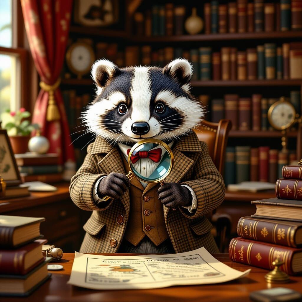 Tim the Badger Detective in Cozy Study