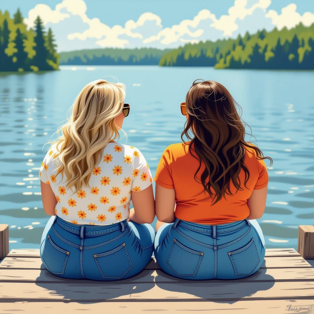 Plus-Size Friends Enjoying Lakeside View in Whimsical Style