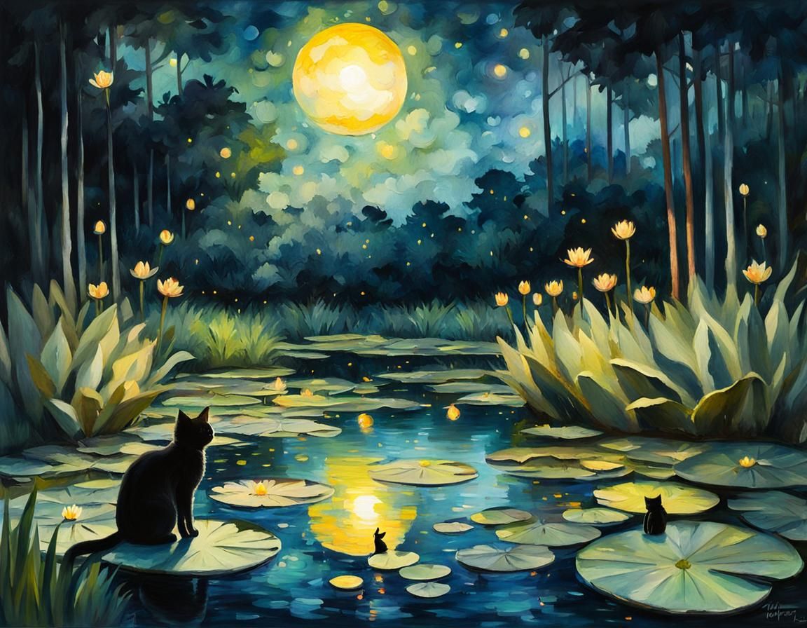 Whimsical Nighttime Scene of Boy and Cat with Fireflies and....
