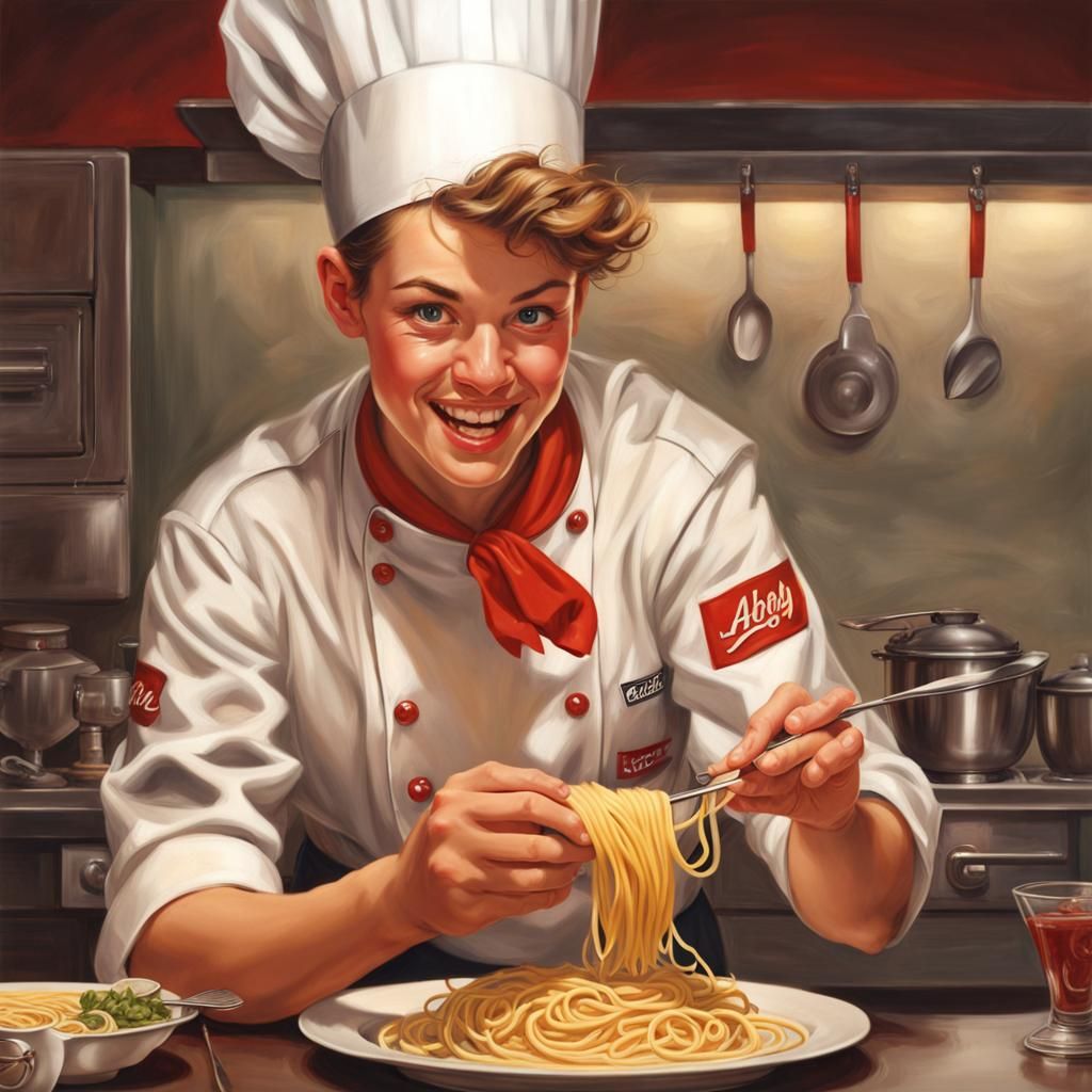 Happy Chef Enjoying Spaghetti, Pin-Up Style