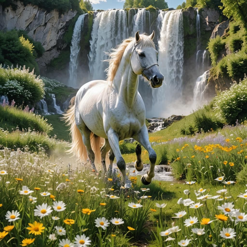 White Horse Leaping to Waterfall Through Picture Frame