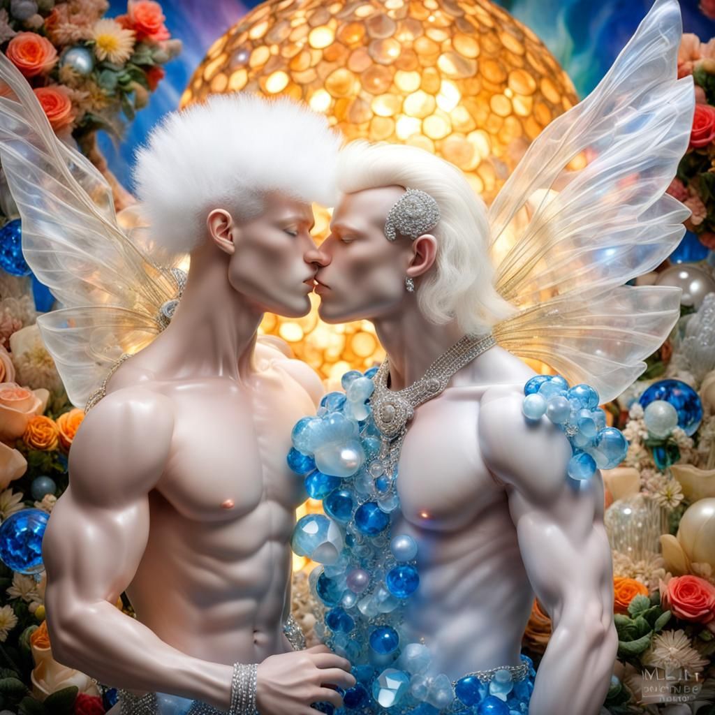 Hyperreal Albino Men Kissing in Fantasy Hall