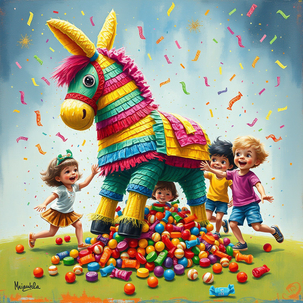 Piñata Bursting with Candy, Children Scrambling