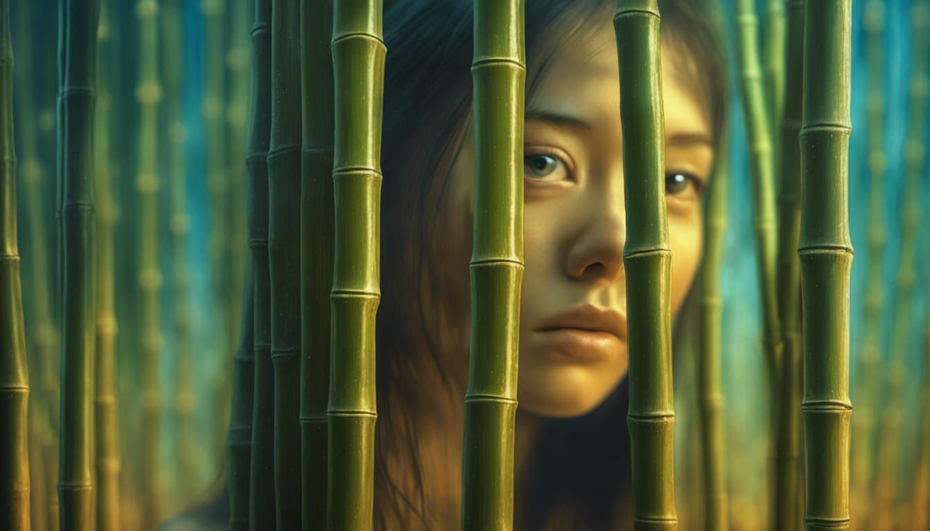 Girl Behind Bamboo Curtain in Gothic Style