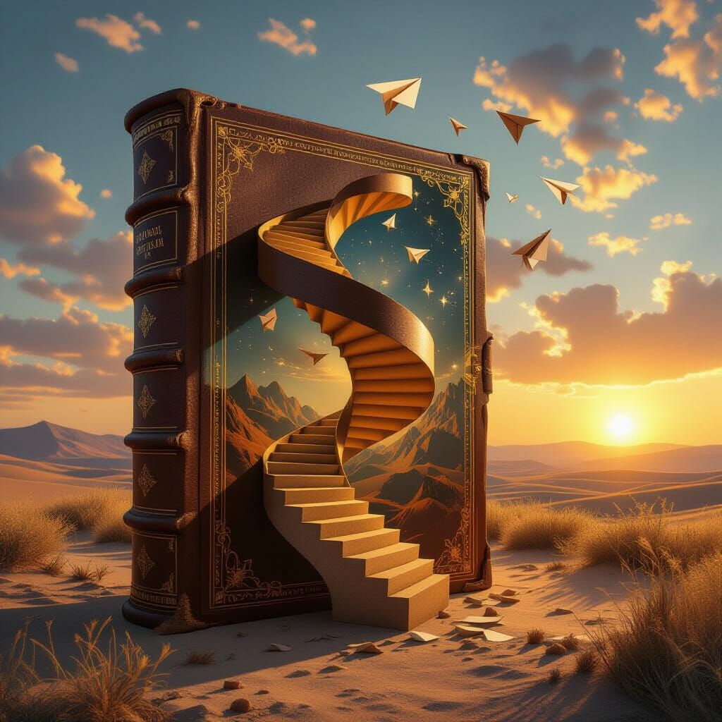 Colossal Book with Escher Staircases in Surreal Landscape