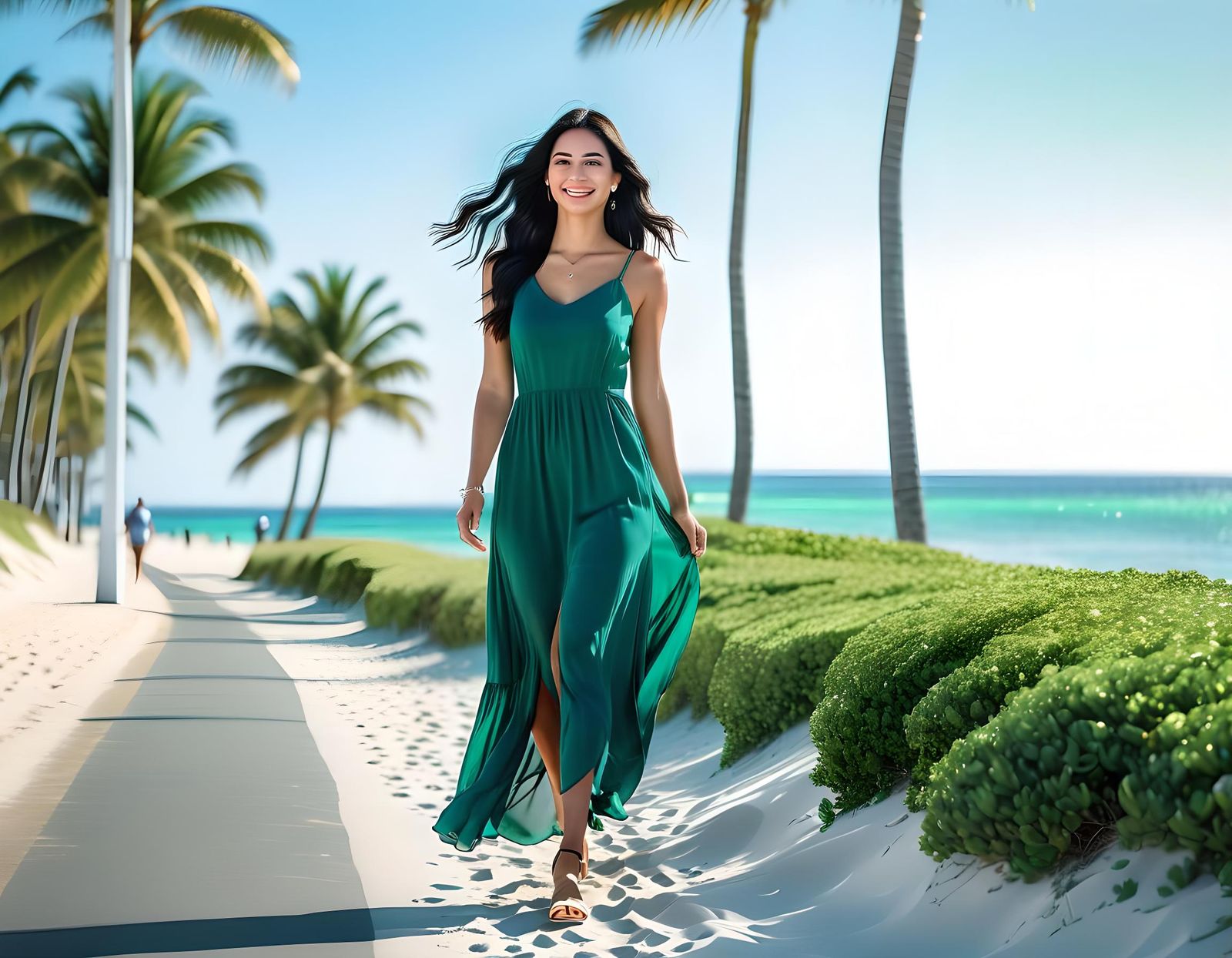 Smiling Brunette on Beach Sidewalk in Realistic Photo