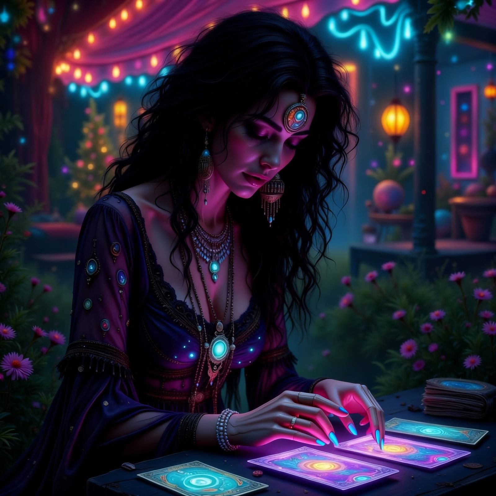 Mysterious Romani Woman Reads Neon Tarot Cards