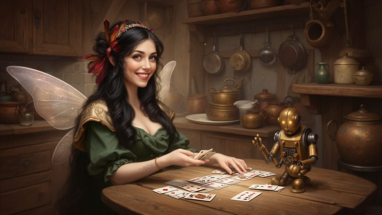 Victorian Fairy Plays Cards With Brass Robot in Rustic Kitch...