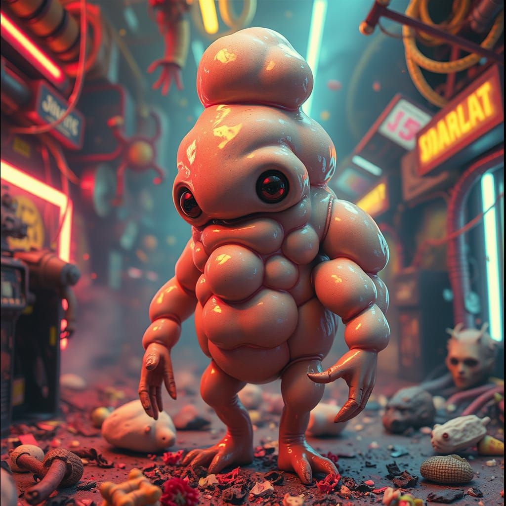 Marshmallow Creature in Neon Surrealist Scene