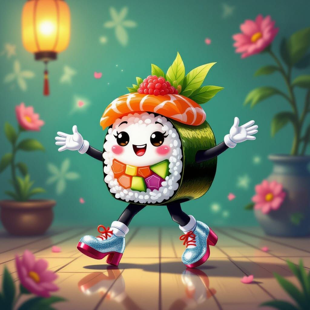 Dancing Sushi Roll in a Whimsical Setting