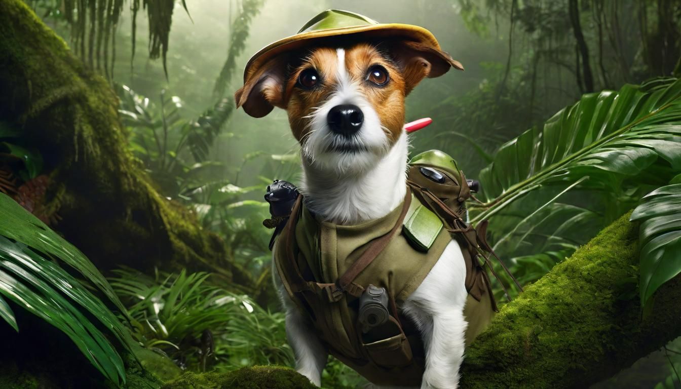 Explorer Jack Russell in Rainforest, Detailed Matte Painting